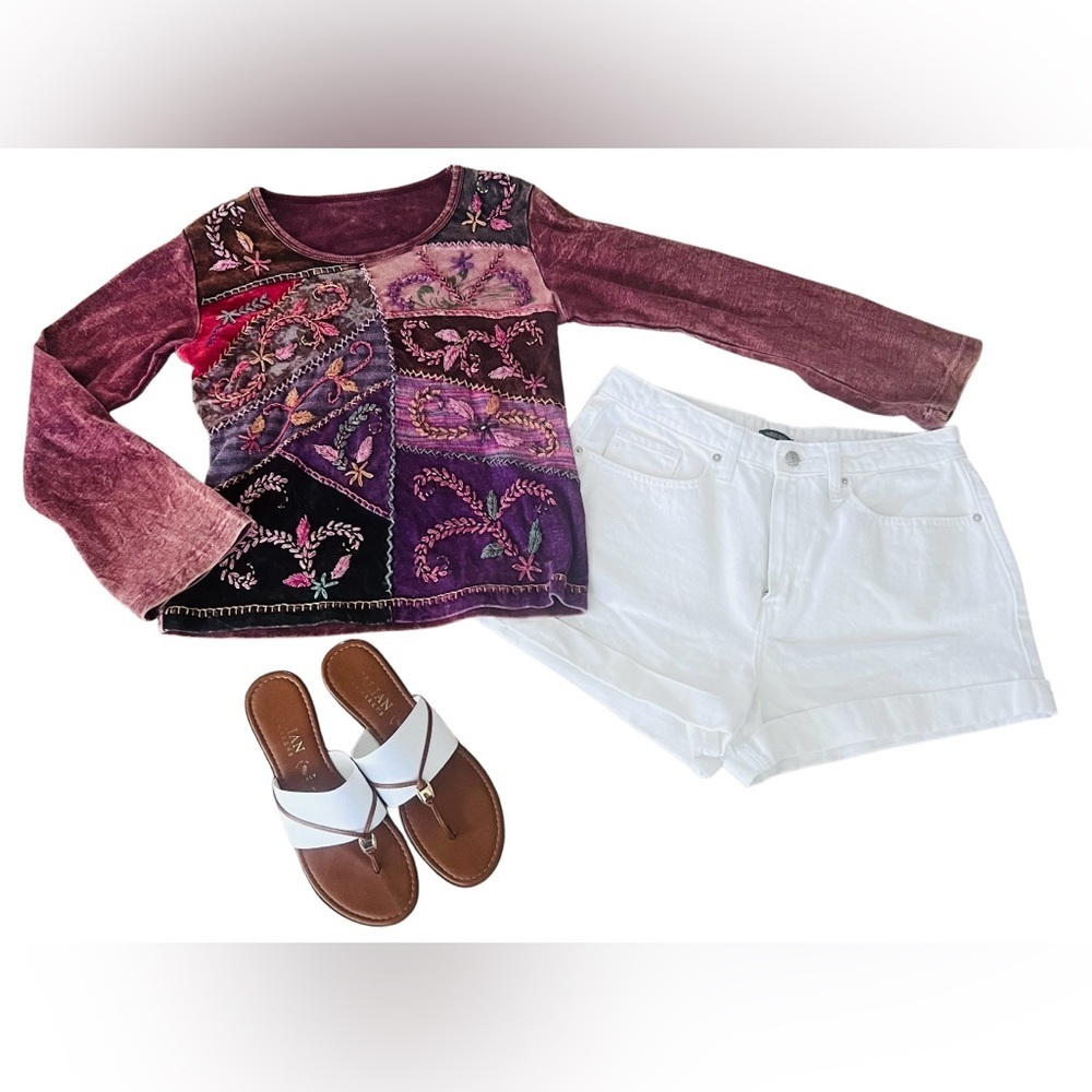 Vintage Embroidered Patchwork Long Sleeve Top - Purple Mix (18.5X22”) Small
